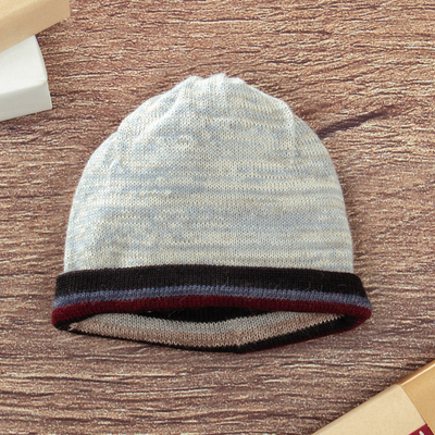 100% alpaca reversible hat, 'Two Realms' - Striped colourful 100% Alpaca Reversible Hat from Peru