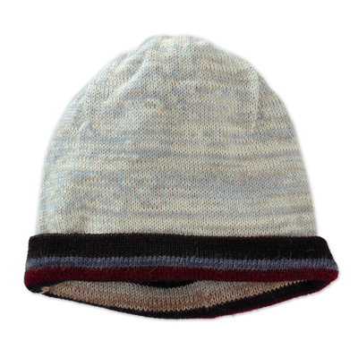 100% alpaca reversible hat, 'Two Realms' - Striped Colorful 100% Alpaca Reversible Hat from Peru