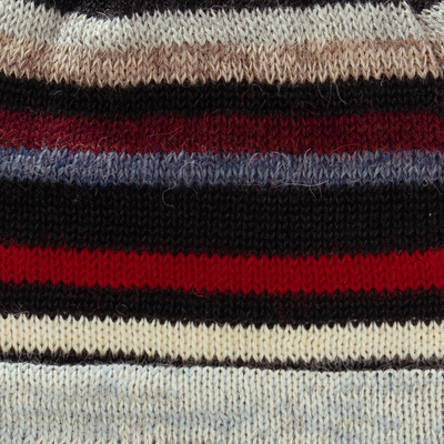 100% alpaca reversible hat, 'Two Realms' - Striped colourful 100% Alpaca Reversible Hat from Peru
