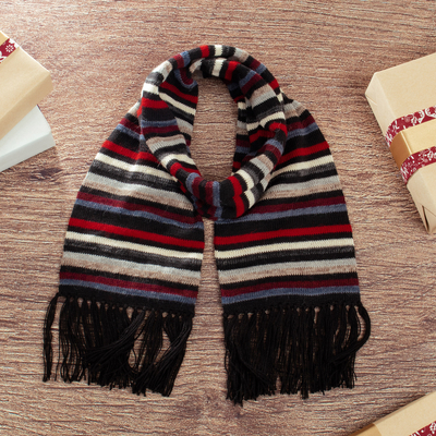 100% alpaca scarf, 'A Realm' - Striped colourful 100% Alpaca Scarf with Fringes