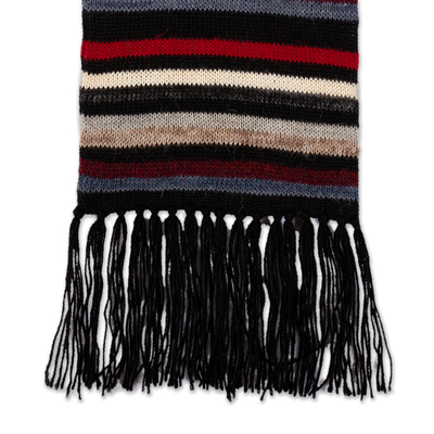 100% alpaca scarf, 'A Realm' - Striped Colorful 100% Alpaca Scarf with Fringes