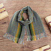 100% alpaca scarf, 'Andean Splendor' - Multicolored Striped Fringed Hand-Woven 100% Alpaca Scarf