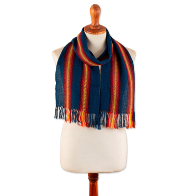 100% alpaca scarf, 'Andean Elegance' - Striped Fringed Hand-Woven 100% Alpaca Scarf in Blue and Red