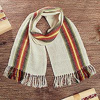 100% alpaca scarf, 'Andean Glamor' - Hand-Woven 100% Alpaca Scarf in Ivory with Colorful Stripes