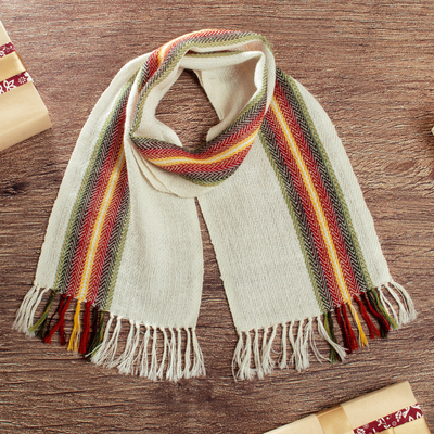 100% alpaca scarf, 'Andean Glamor' - Hand-Woven 100% Alpaca Scarf in Ivory with colourful Stripes