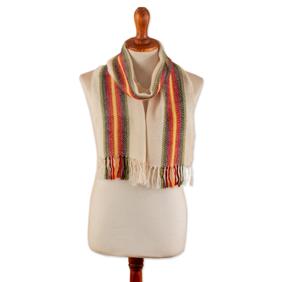 100% alpaca scarf, 'Andean Glamor' - Hand-Woven 100% Alpaca Scarf in Ivory with Colorful Stripes