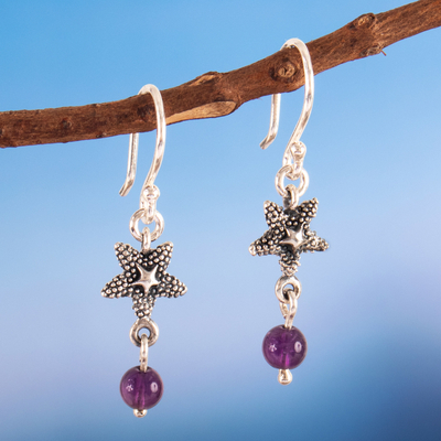 Amethyst dangle earrings, 'Purple Summer Breeze' - Sterling Silver Starfish Dangle Earrings with Amethyst Gems