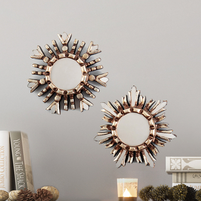 Wood and glass accent mirrors, 'Polaris' (set of 2) - Set of 2 Handcrafted Snowflake aluminium Glass Accent Mirrors