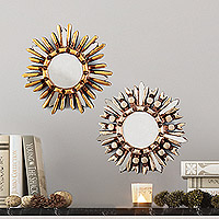 Akzentspiegel aus Holz und Glas, „Equinoxes“ (2er-Set) – Set aus 2 Akzentspiegeln aus Aluminium und Kupferglas mit Sonnenmotiv