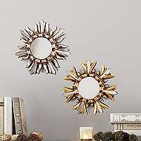 Wood and glass accent mirrors, 'Winter Florescence' (set of 2) - Set of Two Aluminum and Copper Wood Glass Accent Mirrors