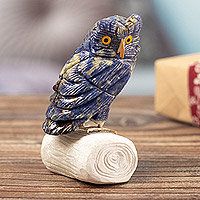 Sodalite and onyx sculpture, 'Sage Owl' - Handcrafted Sodalite Owl Sculpture with White Onyx Base