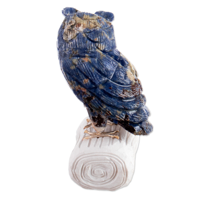 Sodalite and onyx sculpture, 'Sage Owl' - Handcrafted Sodalite Owl Sculpture with White Onyx Base