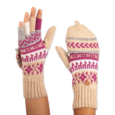 Alpaca blend convertible gloves, 'Azalea Mountains' - Azalea and Beige Acrylic and Alpaca Blend Convertible Gloves