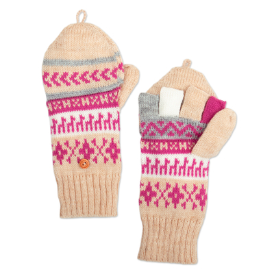 Alpaca blend convertible gloves, 'Azalea Mountains' - Knit Azalea and Beige Alpaca Blend Convertible Gloves