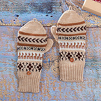 Umwandelbare Handschuhe aus Alpaka-Mischung, „Chocolate Mountains“ – umwandelbare Handschuhe aus Acryl und Alpaka in Schokolade und Ecru