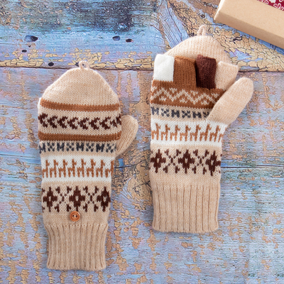 Alpaca blend convertible gloves, 'Chocolate Mountains' - Chocolate and Ecru Acrylic and Alpaca Convertible Gloves