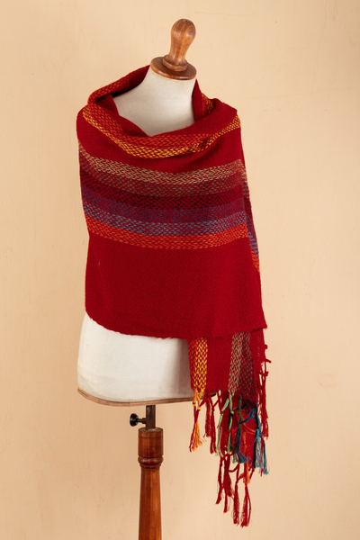 Alpaca blend shawl, 'Andean Cantuta' - Handwoven Alpaca Blend Shawl in Red with Stripes and Fringes