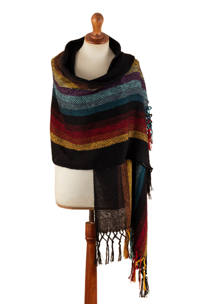 100% alpaca shawl, 'Nature in Harmony' - Striped and Fringed 100% Alpaca Shawl Hand-Woven in Peru