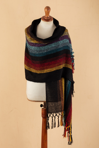 100% alpaca shawl, 'Nature in Harmony' - Striped and Fringed 100% Alpaca Shawl Hand-Woven in Peru