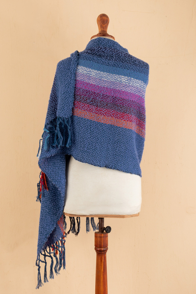 Alpaca blend shawl, 'Mountain Sky' - Handwoven Striped Fringed Alpaca Blend Shawl in Periwinkle
