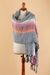 Alpaca blend shawl, 'Clouds on the Horizon' - Handwoven Striped Fringed Alpaca Blend Shawl in Azure