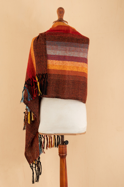 100% alpaca shawl, 'Andean Hues' - Striped and Fringed 100% Alpaca Shawl Handwoven in Peru