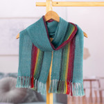 100% alpaca scarf, 'Proud Rivers' - Handwoven Striped Turquoise 100% Alpaca Scarf with Fringes