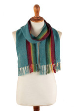 100% alpaca scarf, 'Proud Rivers' - Handwoven Striped Turquoise 100% Alpaca Scarf with Fringes