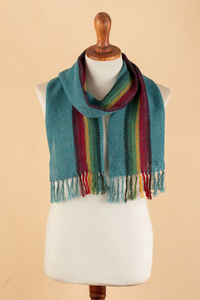 100% alpaca scarf, 'Proud Rivers' - Handwoven Striped Turquoise 100% Alpaca Scarf with Fringes