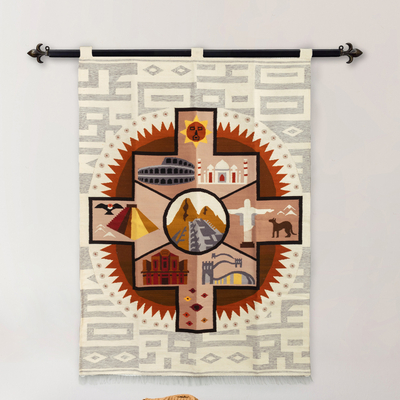 Wool blend tapestry, 'Peace and World Unity' - Handwoven Inspirational Chakana-Themed Wool Blend Tapestry