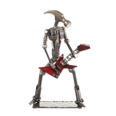 Recycled metal sculpture, 'Rocko the Hammer' - Eco-Friendly Recycled Metal Rock Guitarist Sculpture