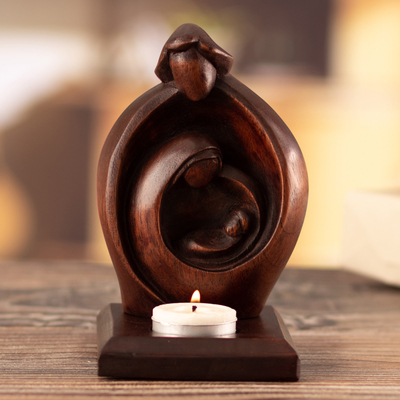 Wood tealight candleholder, 'Bright Season' - Hand-Carved Cedarwood Holy Family Tealight Candleholder