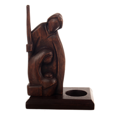 Wood tealight candleholder, 'Luminous Night' - Hand-Carved Holy Family-Themed Wood Tealight Candleholder