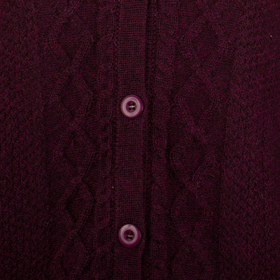 100% alpaca sweater, 'Bordeaux Bonds' - Knit Soft 100% Alpaca Button-Up Sweater in Bordeaux Hues