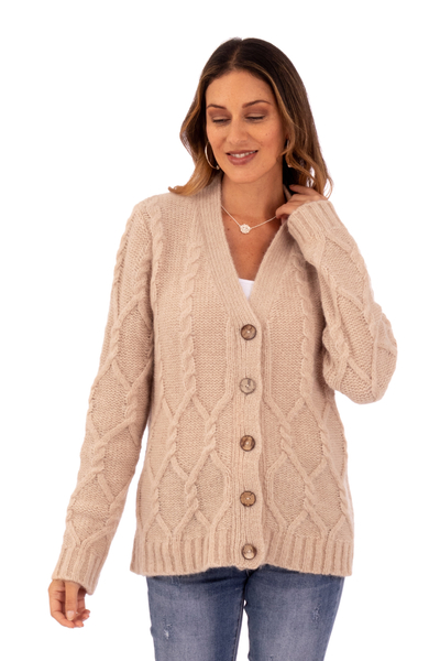 Alpaca blend sweater, 'Champagne Expression' - Cable Knit Soft Champagne Alpaca Blend Button-Up Sweater