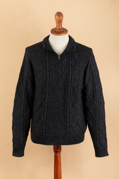 Suéter de hombre 100% alpaca - Suéter De Hombre De Punto De Cable Estampado Negro 100% Alpaca