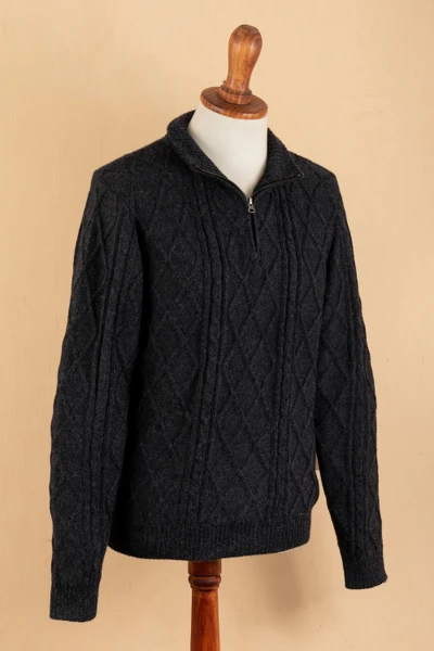 Men's 100% alpaca sweater, 'Dark Space' - Men's Cable Knit Patterned Black 100% Alpaca Sweater