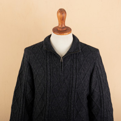 Men's 100% alpaca sweater, 'Dark Space' - Men's Cable Knit Patterned Black 100% Alpaca Sweater