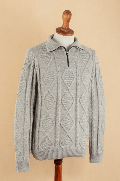 Suéter de hombre 100% alpaca - Suéter De Hombre De Punto De Cable Estampado Blanco Roto 100% Alpaca