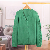 100% alpaca sweater, 'Dreamy Green' - Cable Knit and Striped Green 100% Alpaca Button-Up Sweater