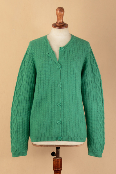 100% alpaca sweater, 'Dreamy Green' - Cable Knit and Striped Green 100% Alpaca Button-Up Sweater