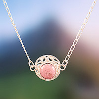 Rhodonite pendant necklace, ‘Rose Serenity’ - Polished Sterling Silver and Rhodonite Pendant Necklace
