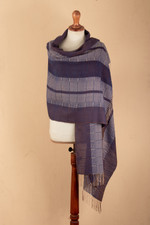 100% baby alpaca shawl, 'Andean Nights' - Handloomed Soft Indigo and Sepia 100% Baby Alpaca Shawl