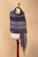 100% baby alpaca shawl, 'Andean Nights' - Handloomed Soft Indigo and Sepia 100% Baby Alpaca Shawl