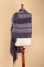 100% baby alpaca shawl, 'Andean Nights' - Handloomed Soft Indigo and Sepia 100% Baby Alpaca Shawl