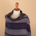 100% baby alpaca shawl, 'Andean Nights' - Handloomed Soft Indigo and Sepia 100% Baby Alpaca Shawl