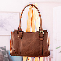 Leather shoulder bag, 'Sepia Adventuress' - Sepia Leather Shoulder Bag with Adjustable Straps