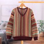 Baby alpaca blend pullover sweater, 'Earthy Threads in Red' - Knit Baby Alpaca Blend Pullover Sweater with Red Hem & Cuffs