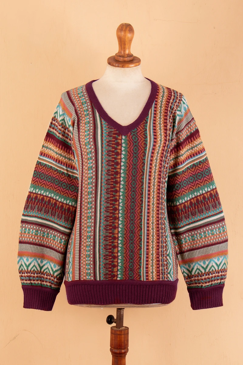 Knit Baby Alpaca Blend Pullover Sweater with Red Hem & Cuffs