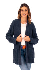 100% baby alpaca cardigan, 'Midnight Routes' - Soft Midnight and Turquoise 100% Baby Alpaca Cardigan